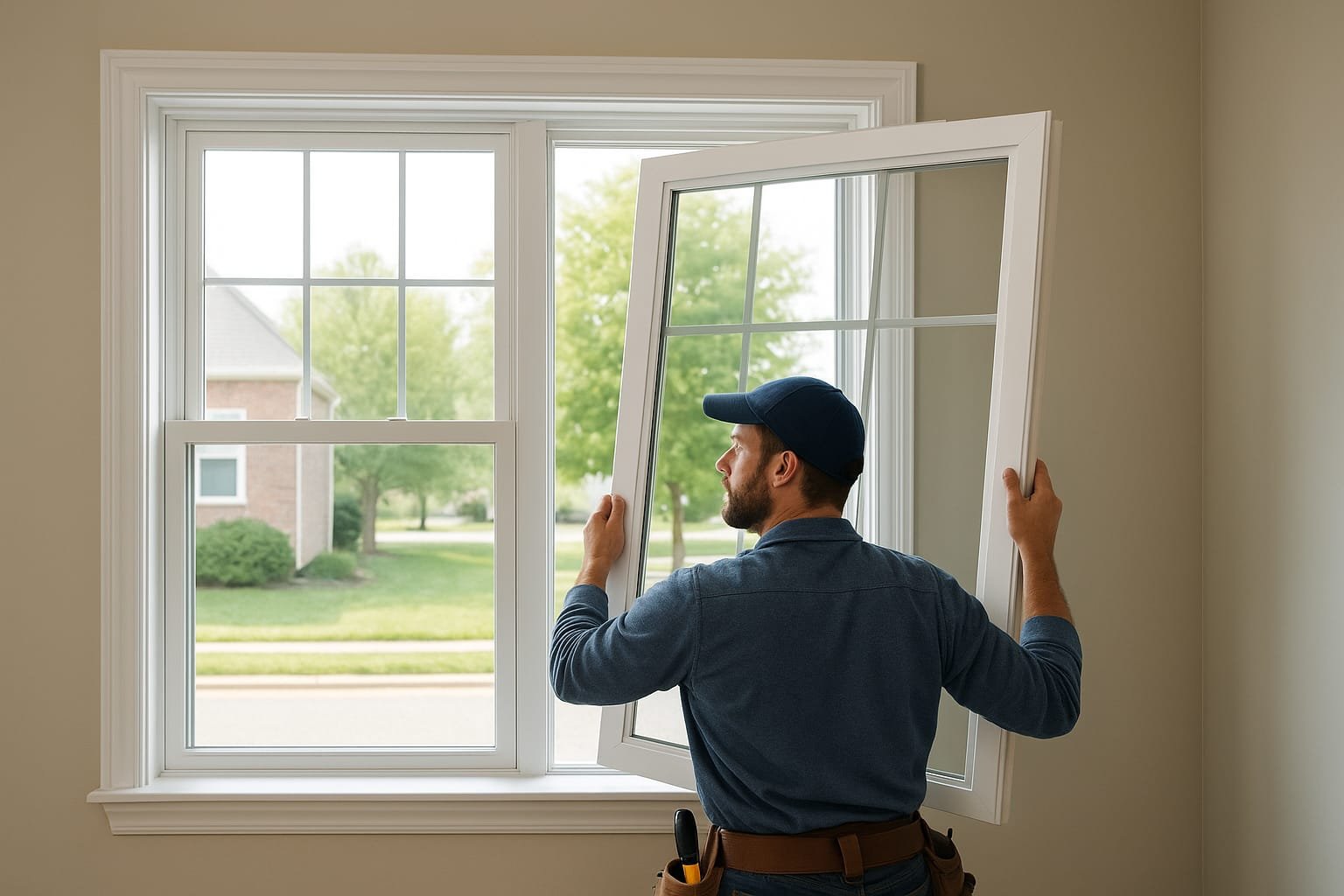 Technik wymienia szybę zespoloną w drewnianym oknie mieszkalnym z narzędziami obok