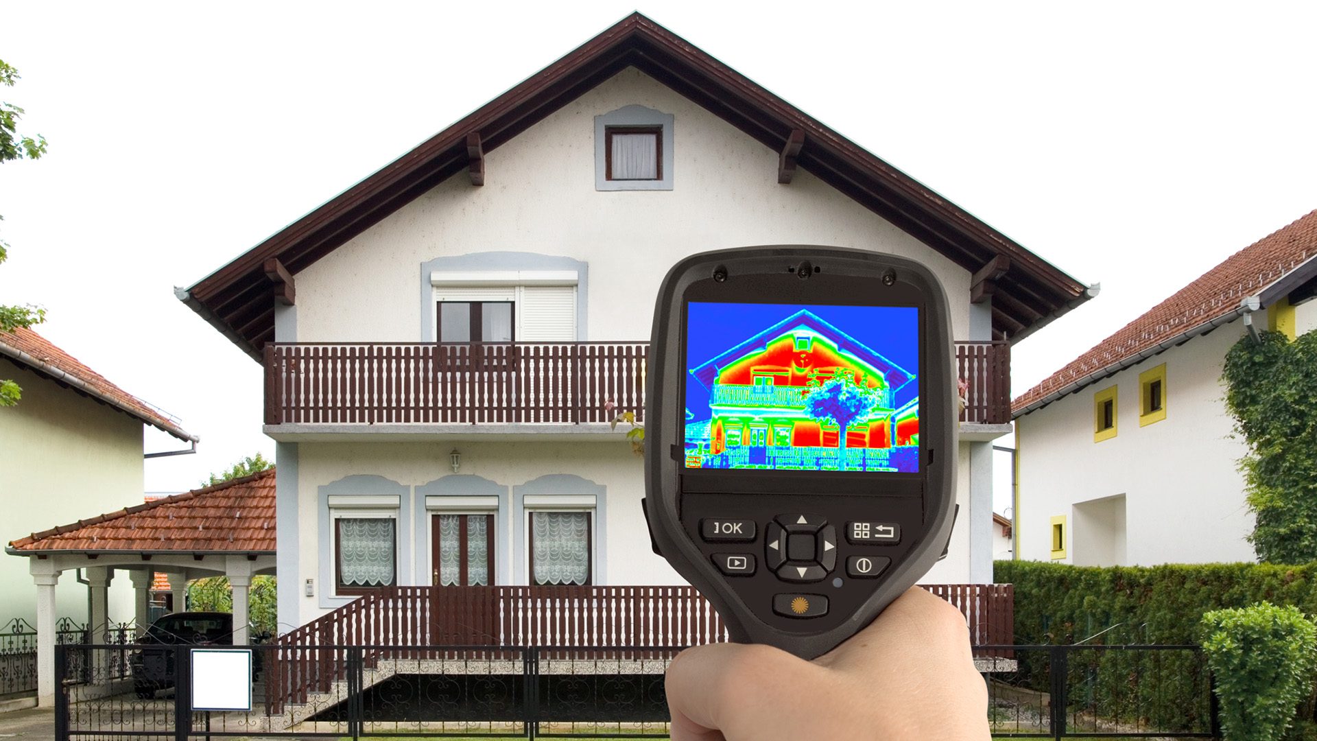 termometr na tle domu z rysunkiem bilansu energetycznego